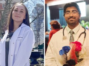 Portraits of Milly Tenenbaum, in a lab coat standing outside in New York City, and Tommy Joseph, holding a blue rose and two red roses, wearing a lab coat and tie, with a stethoscope around his neck, at his ӰƬ graduation.