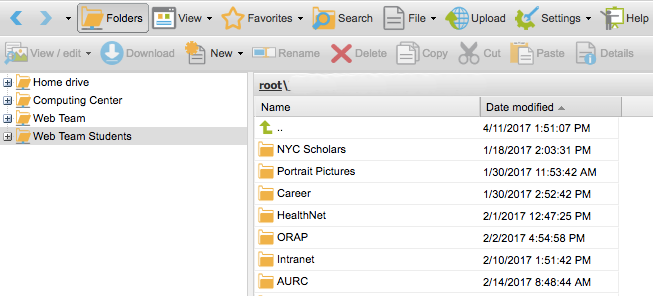 Screen shot of the webstorage interface showing folders that are listed within the ӰƬ network