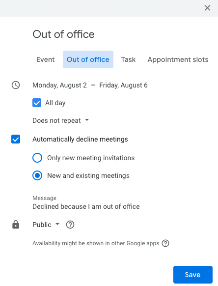 A user marking themselves as out of office in Google Calendar