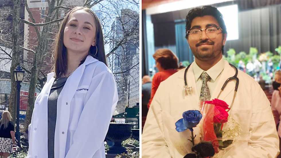 Portraits of Milly Tenenbaum, in a lab coat standing outside in New York City, and Tommy Joseph, holding a blue rose and two red roses, wearing a lab coat and tie, with a stethoscope around his neck, at his 成人影片 graduation.